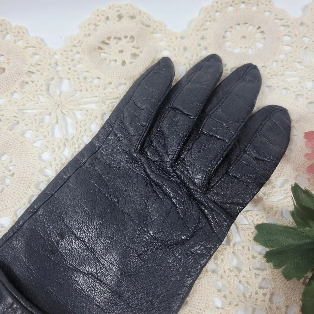 Vintage Long Black Leather Gloves Silk Lined Size 6.5 Elbow Length Evening Opera
